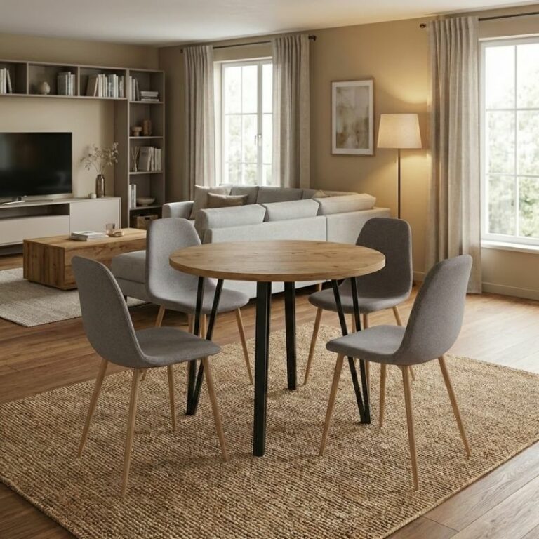 Σετ τραπεζαρία 5τμχ Xana - Iris Megapap χρώμα sepet oak - ανοιχτό μπεζ/φυσικό πόδι Ø90x77