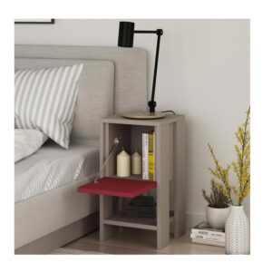 Ξύλινο Κομοδίνο με 1 Ράφι και 1 Ντουλάπι 30 x 30 x 55 cm Χρώματος Taupe / Μπορντό Bakaji 02815282 - Image 2