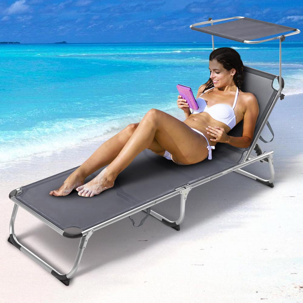 BAKAJI Ξαπλώστρα με Σκίαστρο Παραλίας Γκρι Αλουμινίου Πτυσσόμενη 02816609 BAKAJI Ξαπλώστρα με Σκίαστρο Παραλίας Γκρι Αλουμινίου Πτυσσόμενη 02816609