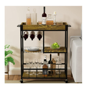 Μεταλλικό Τρόλεϊ Κουζίνας με 3 Ράφια και Αφαιρούμενο Ξύλινο Δίσκο 64 x 35 x 84 cm Bakaji 02839372 - Image 2