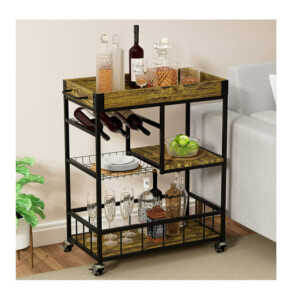 Μεταλλικό Τρόλεϊ Κουζίνας με 3 Ράφια και Αφαιρούμενο Ξύλινο Δίσκο 64 x 35 x 84 cm Bakaji 02839372 - Image 3