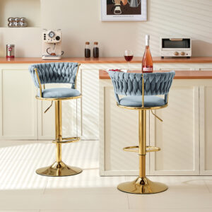 BAKAJI  Σετ 2 Σκαμπό Κουζίνας Μπαρ με Πλεκτή Πλάτη σε Βελούδο Γκρι και Χρυσή Δομή 02841742 - Image 2