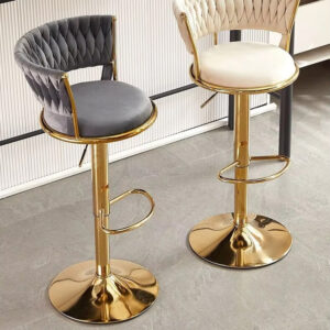 BAKAJI  Σετ 2 Σκαμπό Κουζίνας Μπαρ με Πλεκτή Πλάτη σε Βελούδο Γκρι και Χρυσή Δομή 02841742 - Image 3
