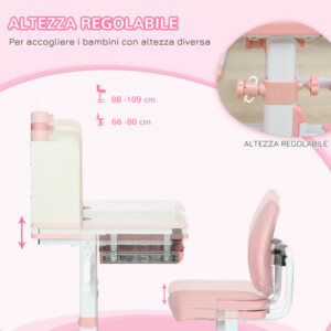 Σετ Σχολικό Μεταλλικό Γραφείο 80 x 52 x 88-109 cm με Καρέκλα 2 τμχ Χρώματος Ροζ HOMCOM 312-088V00PK - Image 3