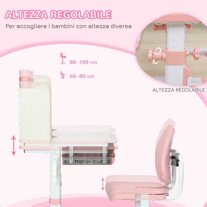 Σετ Σχολικό Μεταλλικό Γραφείο 80 x 52 x 88-109 cm με Καρέκλα 2 τμχ Χρώματος Ροζ HOMCOM 312-088V00PK - Image 3