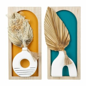 Ostaria Διακοσμητικό τοίχου ξύλινο βάζο παστέλ με ξερά φύλλα 2 σχέδια -35910