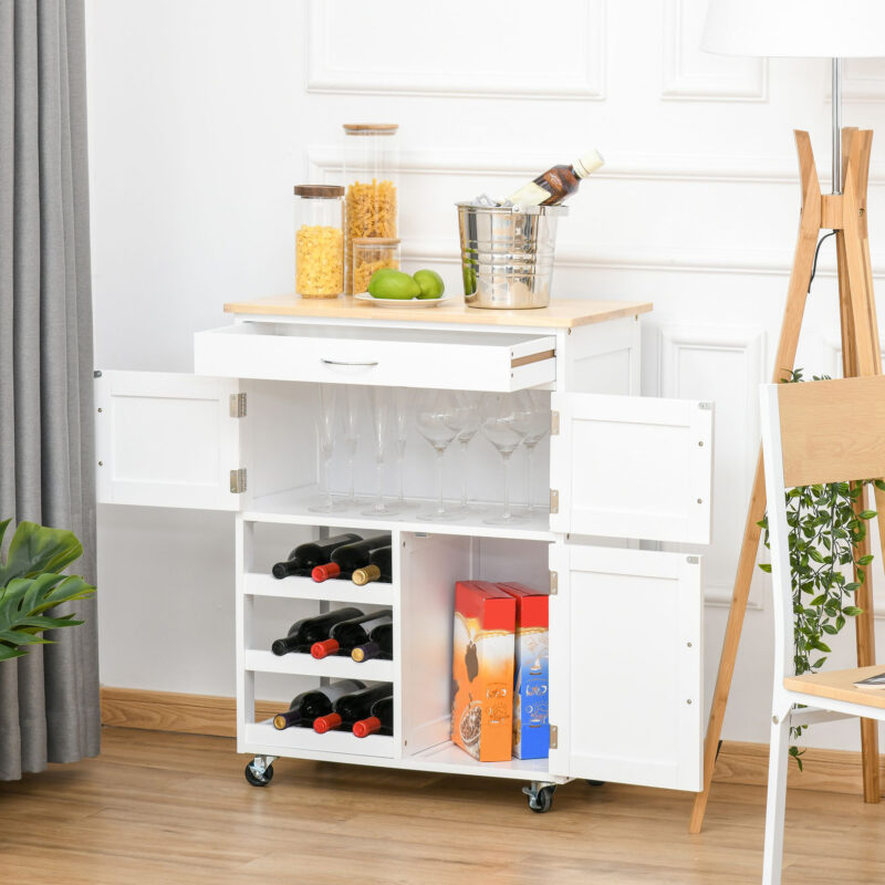 HOMCOM White Wood Kitchen Cart food with Bottle Rack 1 συρτάρι και 3 πόρτες, 67x37x87cm 801-179 - Image 3