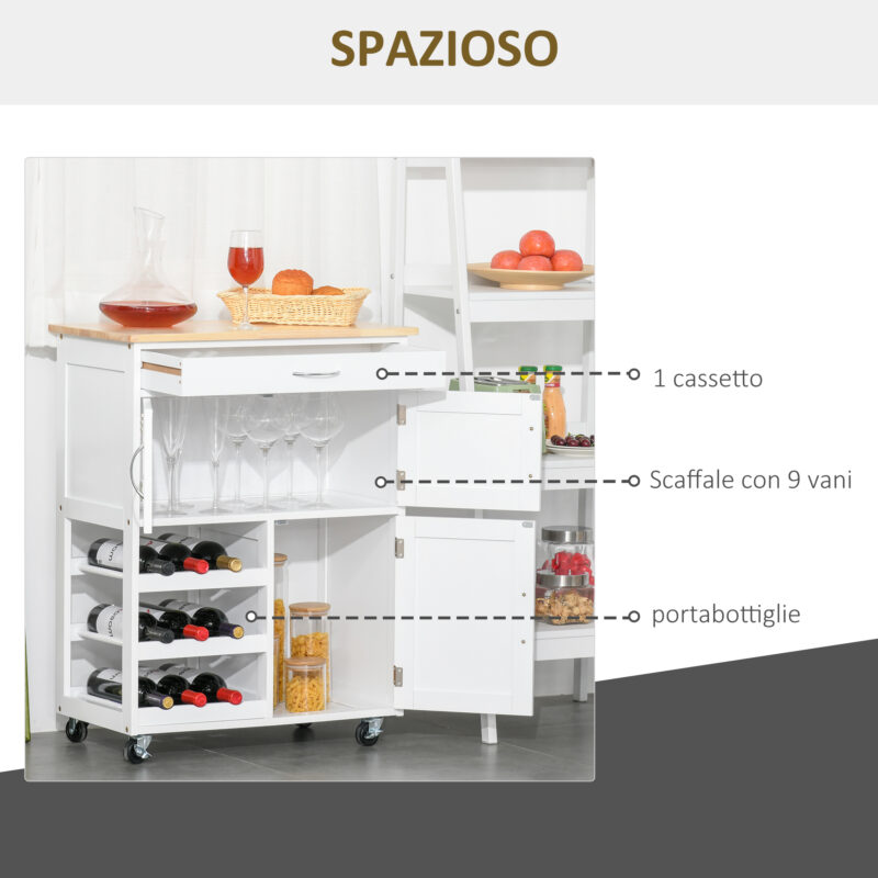 HOMCOM White Wood Kitchen Cart food with Bottle Rack 1 συρτάρι και 3 πόρτες, 67x37x87cm 801-179 - Image 4