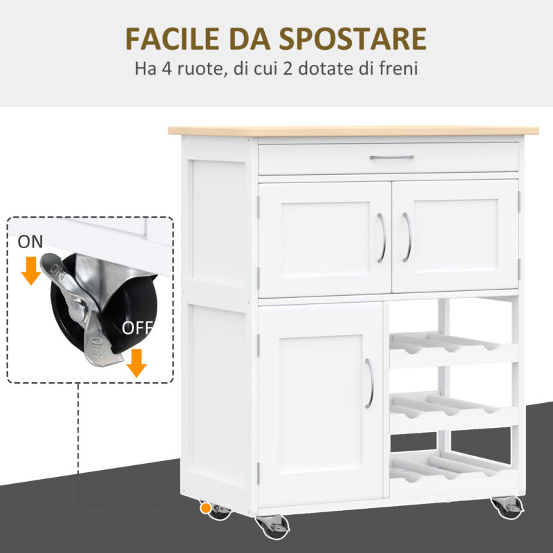 HOMCOM White Wood Kitchen Cart food with Bottle Rack 1 συρτάρι και 3 πόρτες, 67x37x87cm 801-179 - Image 5