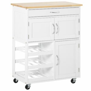 HOMCOM White Wood Kitchen Cart food with Bottle Rack 1 συρτάρι και 3 πόρτες