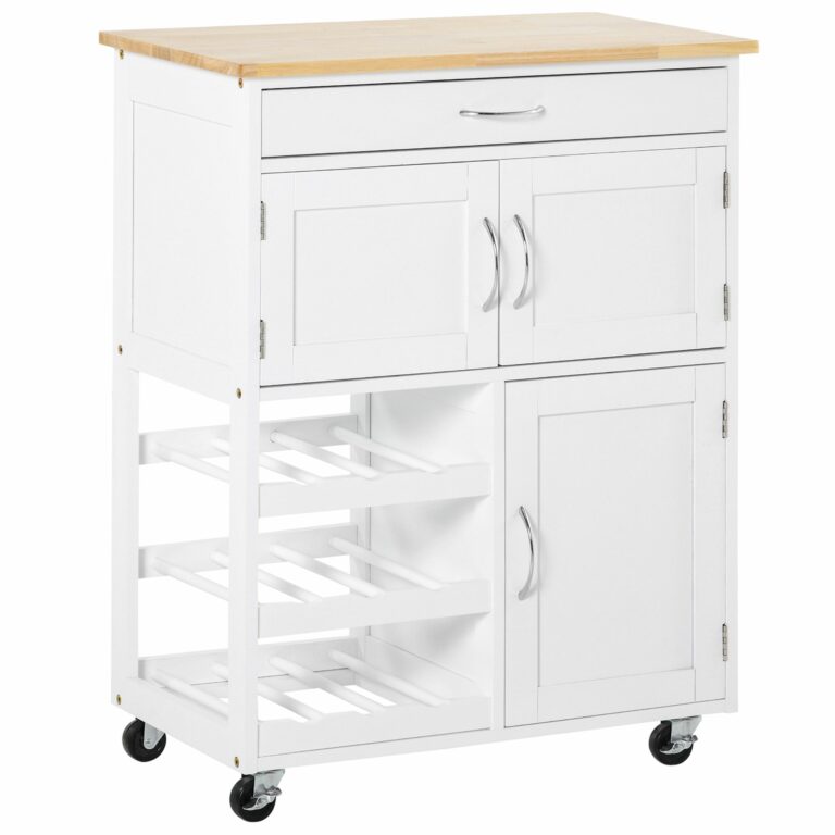 HOMCOM White Wood Kitchen Cart food with Bottle Rack 1 συρτάρι και 3 πόρτες