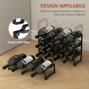 HOMCOM  Στοιβαζόμενη μεταλλική θήκη για μπουκάλια με 4 επίπεδα κυμάτων για 16 μπουκάλια, 42.5x16.5x41 εκ., Μαύρο  801-382V00BK - Image 5