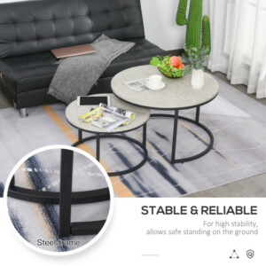 Σετ HOMCOM με 2 στρογγυλά στοιβαζόμενα τραπεζάκια σαλονιού σε μέταλλο και εφέ μαρμάρου MDF, γκρι και μαύρο 833-873 - Image 5