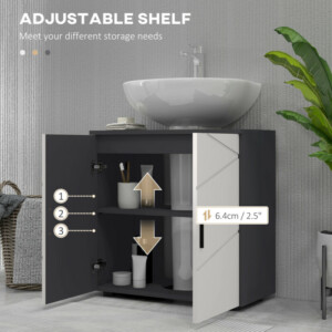 kleankin νιπτήρας μπάνιου για βάθρο με ντουλάπι 2 πόρτες, 60x30x60cm, γκρι 834-619V81LG - Image 4