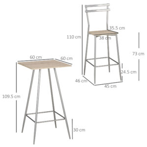 Σετ Μεταλλικό Τετράγωνο Τραπέζι - Bar 60 x 60 x 109.5 cm με 2 Σκαμπό HOMCOM 835-632SR - Image 2