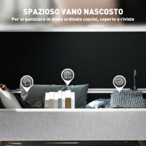 HOMCOM Πάγκος Αποθήκευσης με Υποβραχιόνια από Ύφασμα, Ξύλινα Πόδια και Χώρο 53.8L, 132x42x50 cm, Γκρι 838-524V00LG - Image 5