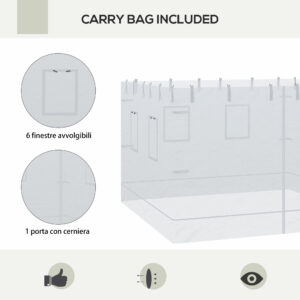 Outsunny 3x3 Nylon Gazebo Wall, Σετ 3 τεμαχίων κουνουπιέρα με 6 παράθυρα και πόρτα με φερμουάρ, 300Lx195cm 84C-410V00WT - Image 4