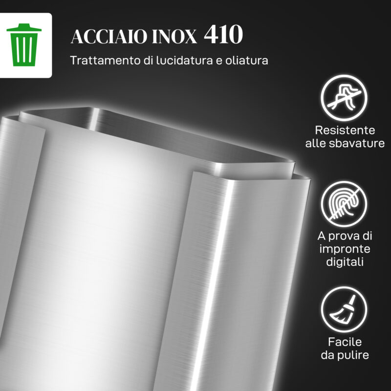 HOMCOM Κάδος Απορριμμάτων με 2 Διαμερίσματα 20L με Πεντάλ και Αθόρυβο Καπάκι από Ανοξείδωτο Ατσάλι και PP 41.8x36.7x58 cm 851-03 - Image 5