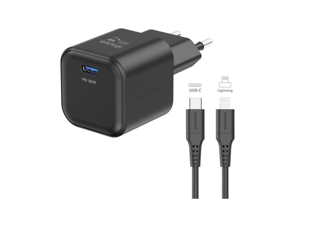 SWISSTEN Μικρό και Ισχυρό Πολλαπλό GaN Δίκτυο Φορτίου 35W με USB-C + Καλώδιο Δεδομένων USB-C/Lightning 1.2 μ. Μαύρο 8595217484474 SWISSTEN Μικρό και Ισχυρό Πολλαπλό GaN Δίκτυο Φορτίου 35W με USB-C + Καλώδιο Δεδομένων USB-C/Lightning 1.2 μ. Μαύρο 8595217484474
