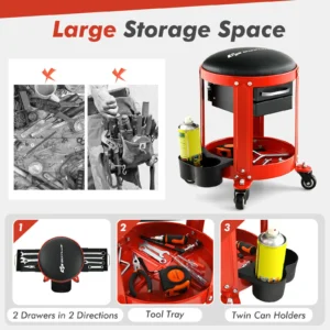 Τροχήλατο Σκαμπό Εργασίας - Συνεργείου με Μαξιλαράκι & Συρτάρια 41 x 43 cm  Μαύρο - Κόκκινο AUl0008 Costway - Image 4