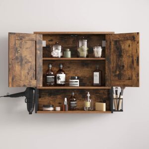 VASAGLE Επιτοίχιο Ντουλάπι Τοίχου Μπάνιου με Θήκη για Πιστολάκι Μαλλιών, Ρυθμιζόμενα Ράφια και Διπλές Πόρτες, Καφέ Μαύρο BBK123B01  - Image 5