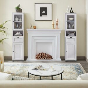 VASAGLE Λευκό Ξύλινο Ντουλάπι Μπάνιου με Γυάλινη Πόρτα 40x30x165cm και Ρυθμιζόμενα Ράφια BBK163T44 - Image 3