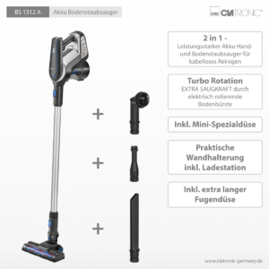 Ασύρματη Ηλεκτρική Σκούπα Δαπέδου & Χειρός 2 σε 1 με Μπαταρία 18,5V Li-Ion – Ανθρακί/Μπλε BS1312A Clatronic - Image 5