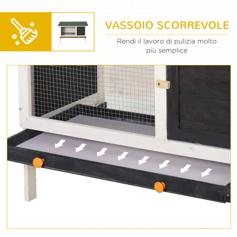 PawHut Outdoor Spruce Hutch με αφαιρούμενο δίσκο, ασφαλτική στέγη και συρμάτινο πλέγμα, 90x45x65cm, μαύρο λευκό και πράσινο D51-141 - Image 5