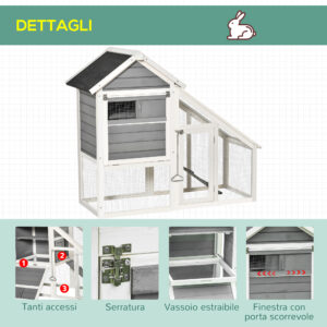 PawHut Ξύλινη Κουνέλια Κουνελιών με Ανοιχτό Χώρο και Ράμπα, Σπίτι Κουνελιών με Πτυσσόμενο πάτο και Πόρτες, 140x65x120cm, Γκρι D51-196 - Image 5