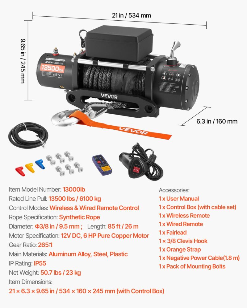 VEVOR Ηλεκτρικός Γερανός 12V για 6100 kg, με Συνθετικό Σχοινί και Ασύρματο Χειριστήριο (IP55) HCSDDJP13500KZ0O7001V9 - Image 4