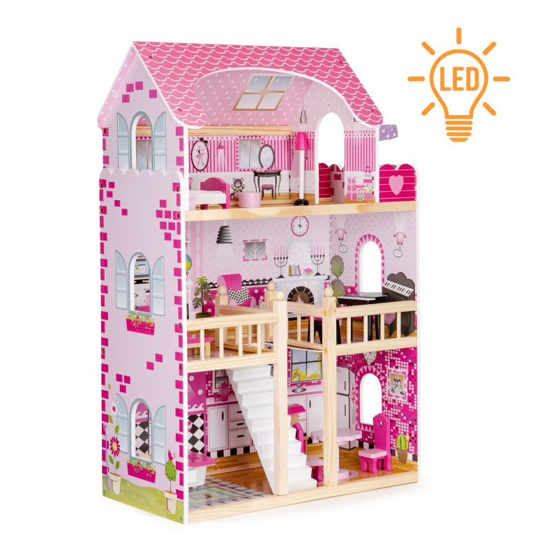 Ξύλινο Κουκλόσπιτο 3 Ορόφων με LED Φωτισμό και Αξεσουάρ 59 x 30 x 90 cm Ecotoys HM006391