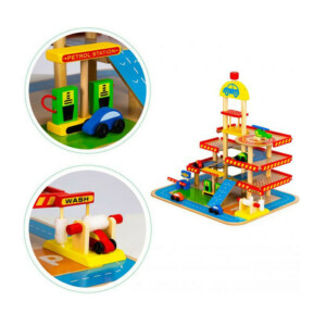 Ξύλινο Παιδικό Γκαράζ 3 Επιπέδων με Πάρκινγκ Ασανσέρ και 5 Οχήματα 50 x 39.5 x 47 cm Ecotoys HM013290 - Image 3