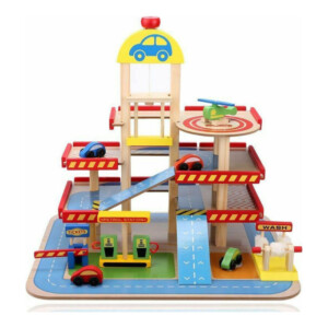Ξύλινο Παιδικό Γκαράζ 3 Επιπέδων με Πάρκινγκ Ασανσέρ και 5 Οχήματα 50 x 39.5 x 47 cm Ecotoys HM013290