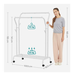 Μεταλλική Διπλή Τροχήλατη Κρεμάστρα Ρούχων Δαπέδου Βαρέως Τύπου 103.5 x 52.5 x 155 cm Χρώματος Λευκό Songmics HSR107W01 - Image 2