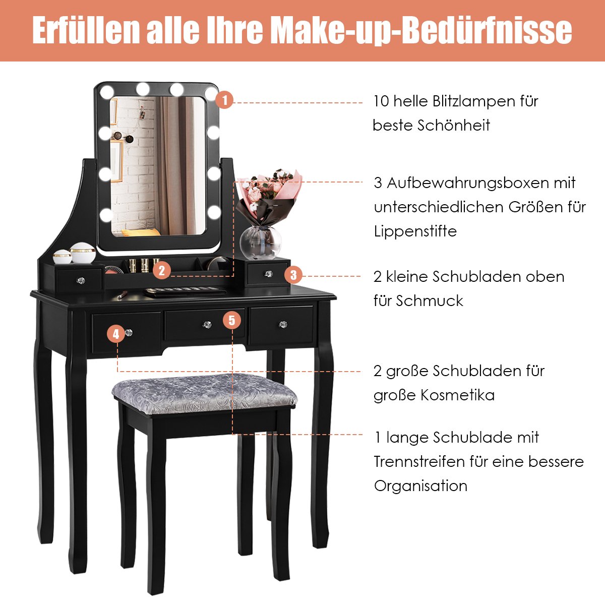 Costway Πολυλειτουργική Τουαλέτα Μακιγιάζ με Ρυθμιζόμενο Καθρέφτη LED Σκαμπό 80 x 40 x 135 Costway Πολυλειτουργική Τουαλέτα Μακιγιάζ με Ρυθμιζόμενο Καθρέφτη LED Σκαμπό 80 x 40 x 135