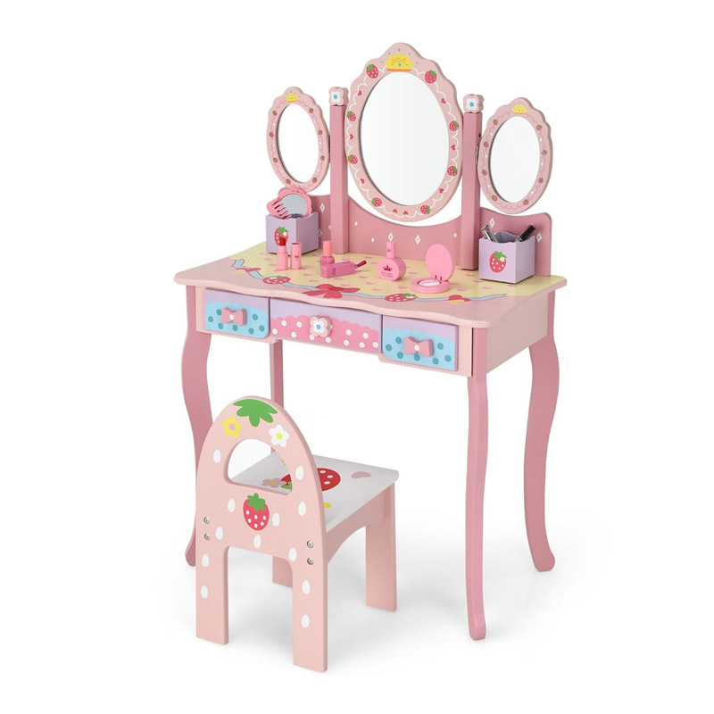 Παιδικό Ξύλινο Μπουντουάρ με Καθρέπτη και Καρέκλα 70 x 34 x 105 cm Χρώματος Ροζ Costway HW68594PI