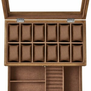 SONGMICS Ξύλινη Θήκη Ρολογιών 12 Θέσεων 34x19x12.5cm με Γυάλινο Καπάκι και Κοσμηματοθήκη JOW012K01