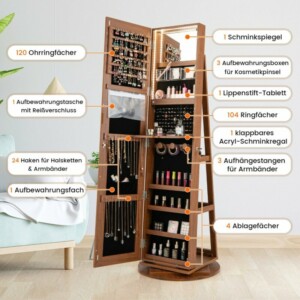 Costway  Πολυλειτουργική Ντουλάπα Κοσμημάτων με Καθρέφτη Σώματος και Αποθηκευτικό Ράφι JV10430BN - Image 3