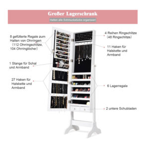 Κοσμηματοθήκη Μπιζουτιέρα με Ολόσωμο Καθρέπτη 46 x 37 x 156 cm Costway JV10770WH - Image 3