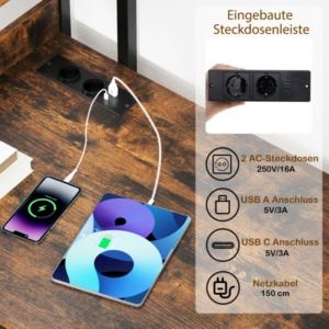 Costway Πολυλειτουργικό Γραφείο Υπολογιστή με Ενσωματωμένη Πρίζα, Ρυθμιζόμενα Πόδια και Ράφι Βιβλίων JV10997DE-CF - Image 3