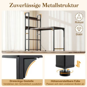 Costway Πολυλειτουργικό Γραφείο Υπολογιστή με Ενσωματωμένη Πρίζα, Ρυθμιζόμενα Πόδια και Ράφι Βιβλίων JV10997DE-CF - Image 5