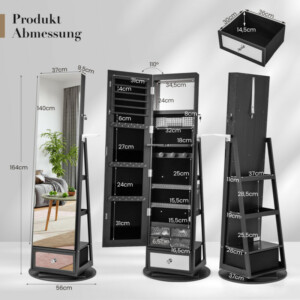 Costway Περιστρεφόμενη Ντουλάπα Κοσμημάτων 360° με Ολόσωμο Καθρέφτη και Βάση Πιστολάκι Μαλλιών - Μαύρο Σχέδιο JV11195DK - Image 2