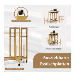 Σετ Μεταλλικό Επεκτεινόμενο Τροχήλατο Τραπέζι - Bar 74 x 74 x 80 cm με 2 Σκαμπό Costway JV11230WH - Image 3