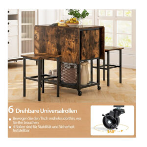 Σετ Μεταλλικό Επεκτεινόμενο Τροχήλατο Τραπέζι - Bar 120 x 70 x 75 cm με 2 Σκαμπό Costway JV11231CF - Image 5