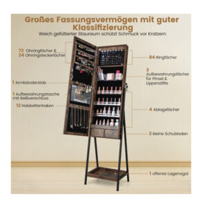 Μεταλλική/Ξύλινη Κοσμηματοθήκη - Μπιζουτιέρα με Ολόσωμο Καθρέπτη και LED Φωτισμό 41 x 35 x 160 cm Χρώματος Καφέ Costway JV11240CF - Image 2