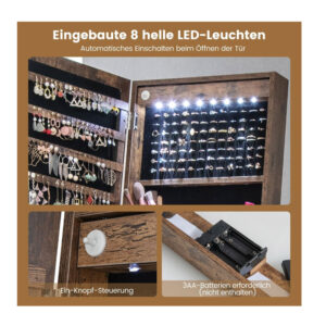 Μεταλλική/Ξύλινη Κοσμηματοθήκη - Μπιζουτιέρα με Ολόσωμο Καθρέπτη και LED Φωτισμό 41 x 35 x 160 cm Χρώματος Καφέ Costway JV11240CF - Image 3