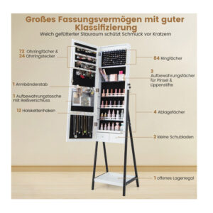 Μεταλλική/Ξύλινη Κοσμηματοθήκη - Μπιζουτιέρα με Ολόσωμο Καθρέπτη και LED Φωτισμό 41 x 35 x 160 cm Χρώματος Λευκό Costway JV11240WH - Image 2