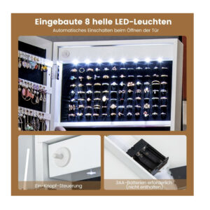 Μεταλλική/Ξύλινη Κοσμηματοθήκη - Μπιζουτιέρα με Ολόσωμο Καθρέπτη και LED Φωτισμό 41 x 35 x 160 cm Χρώματος Λευκό Costway JV11240WH - Image 4