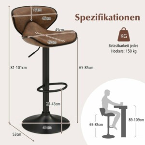 Costway Σετ 2 Μπαρ Σκαμπό με Περιστροφή 360° και Ρυθμιζόμενο Ύψος JV11507DK-2 - Image 2