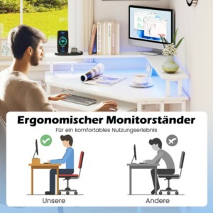 Costway Γραφείο Gaming με Φορτιστή, LED, Πληκτροθήκη και Βάση Οθόνης σε Λευκό JV12431DE-WH - Image 4